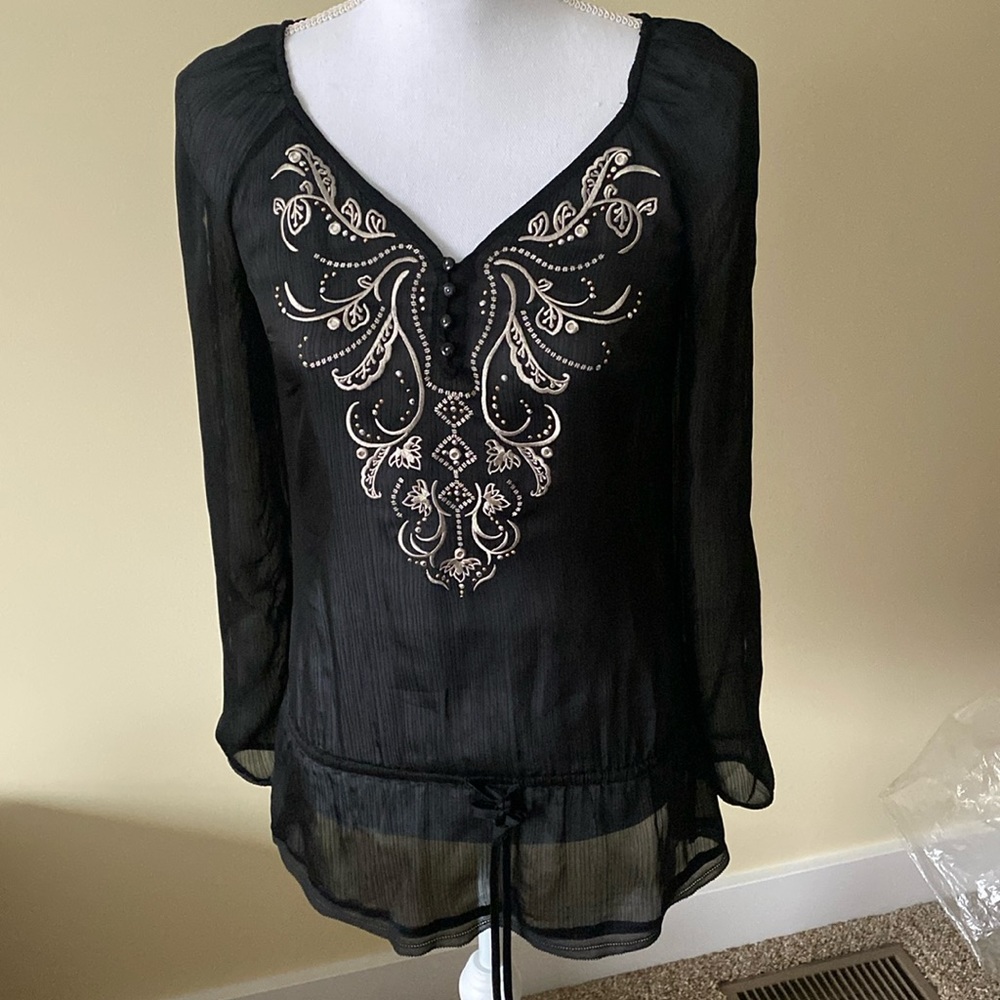White House Black Market XXS Black Sheer Embroidered Holiday Top